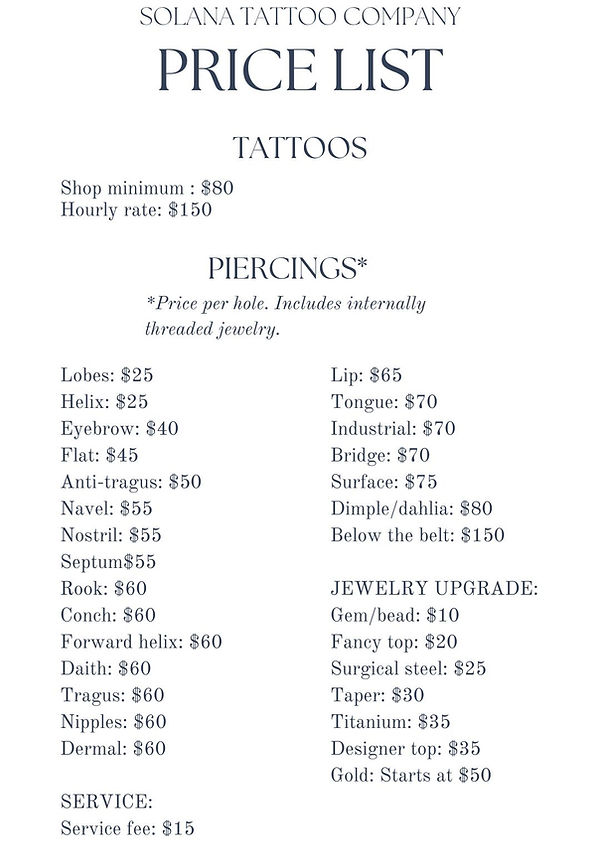 PRICES Solana Tattoo Company
